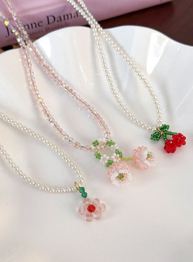 施家珍珠粉色铃兰花朵水晶项链女森系小清新串珠锁骨链甜美颈链女