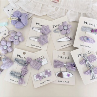 新款 浅紫花朵蝴蝶结儿童发夹发圈组合发卡边夹皮筋