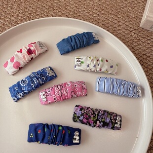 韩系气质百搭牛仔掰掰夹刘海夹时尚 褶皱发夹少女碎花布艺BB夹边