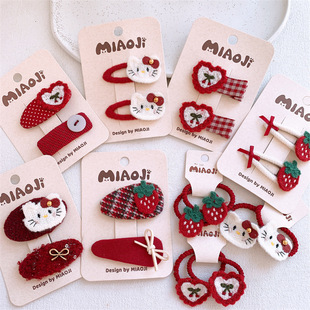 新款 儿童针织草莓爱心发夹女童可爱猫咪发圈发卡刘海夹扎头发皮筋