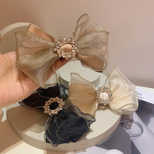 发夹超闪水钻扣金边亮丝雪纱立体双层蝴蝶结顶夹弹簧夹 发饰仙