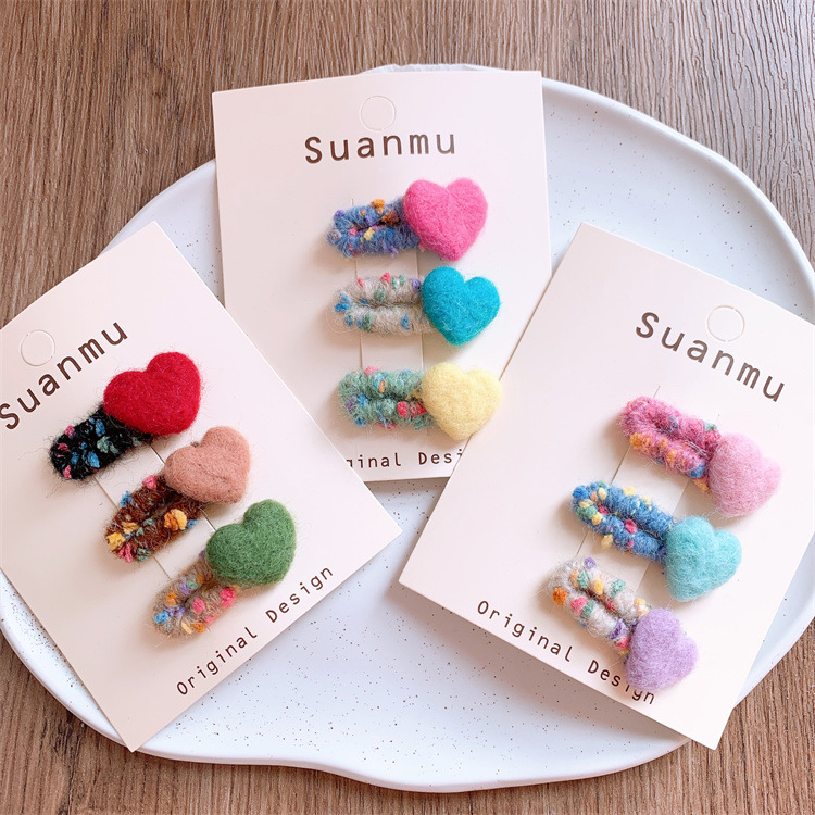 秋冬新款儿童撞色毛毡爱心发夹甜美女童毛线刘海夹侧边碎发BB夹子