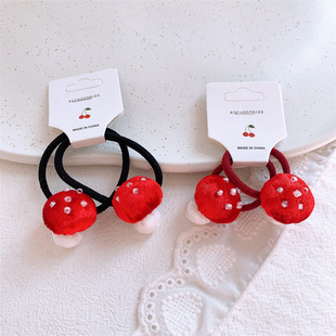 新款 儿童红色绒布蘑菇发圈女孩扎头发皮筋发绳宝宝不伤发头绳发饰