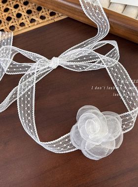 简约白色蕾丝网纱山茶花锁骨链日韩花朵项链ins森系choker项链女