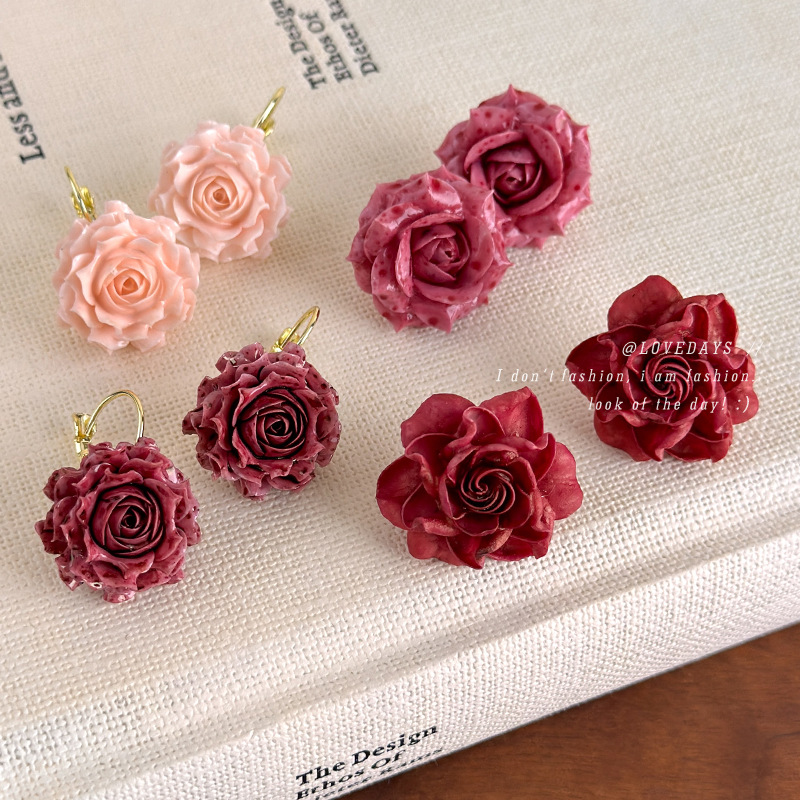 复古浪漫仿真干花玫瑰花耳钉耳钩温柔超仙气质高级感永生花耳环女