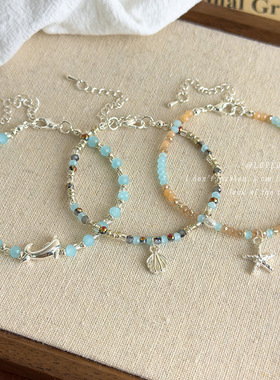 蓝色系海星贝壳串珠手链女海边度假风精致叠戴手串适合夏天的手饰