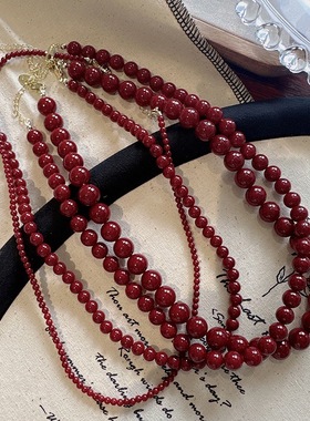 高级感安哥拉红色串珠项链秋冬新款颈链本命年显白复古小众锁骨链