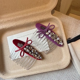 轻奢高级感水钻蝴蝶结倒插梳复古丝绒百搭满钻发梳网红碎发夹边夹