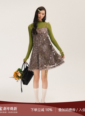 SASSY MOODY 午夜魅影 原创重工亮片吊带豹纹蕾丝度假A字连衣裙