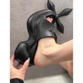 女外穿时尚 2025夏季 新款 黑色十字花厚底拖鞋 网红松糕增高一字凉鞋