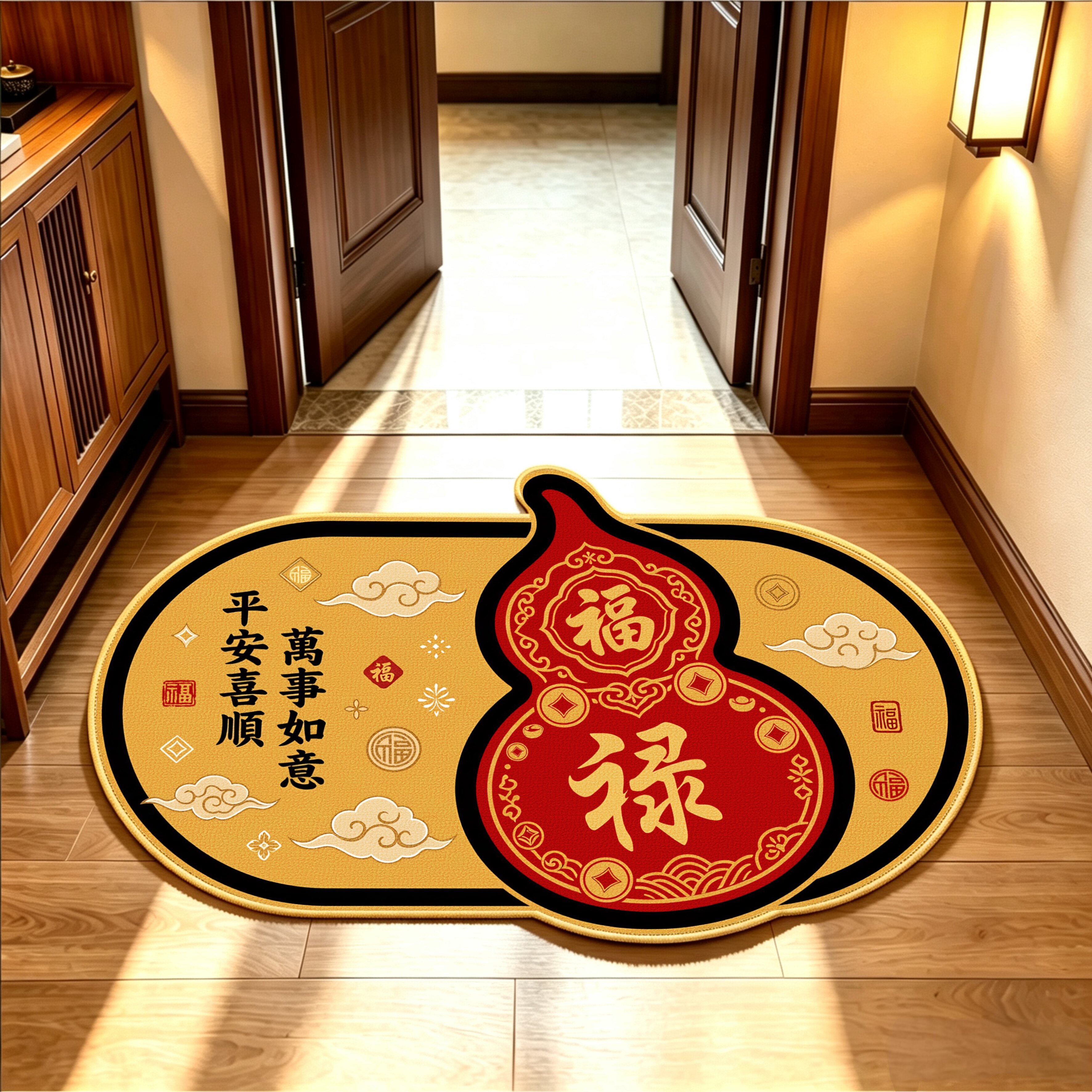 百福葫芦入户门垫新中式玄关防滑脚垫福禄铜钱金色地垫进门地毯