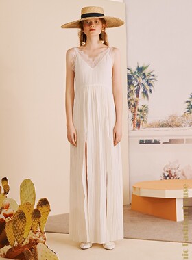LAMITIE设计师2019春夏新品白色吊带V领长款连衣裙女
