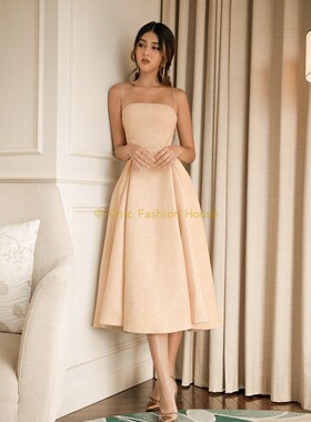 独立设计师CICI时尚新款奶黄色抹胸收腰修身气质优雅吊带连衣裙