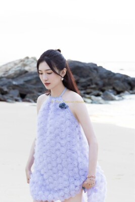 轻奢风紫色挂脖燕尾连衣裙轻礼服