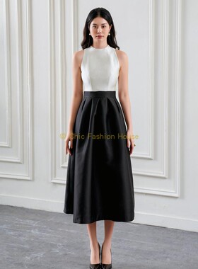 越南Tracy studio新款高腰修身黑白拼接无袖气质优雅小礼服连衣裙