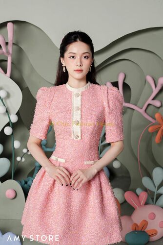 小香风泡泡袖收腰显瘦可爱连衣裙