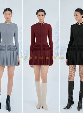 越南LOBBSTER 秋冬新款高腰修身长袖气质优雅百褶短连衣裙