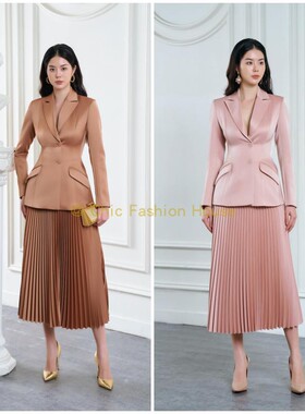现货 越南Tracy studio 新款优雅V领西装高腰百褶半裙通勤套装