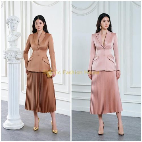 现货 越南Tracy studio 新款优雅V领西装高腰百褶半裙通勤套装