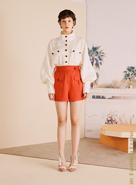 国现-LAMITIE设计师2019新品白色灯笼袖长袖衬衫橙色休闲短裤女