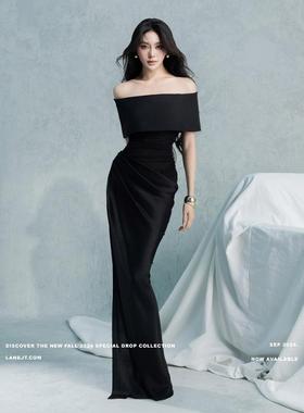 越南设计师Lane Jt 24新款女神范黑色一字肩开叉长款连衣裙礼服