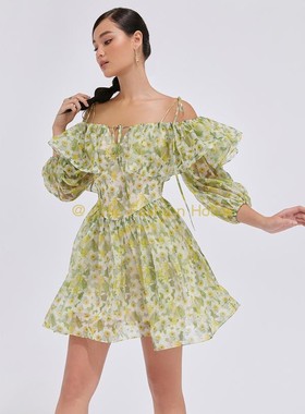 国现-越南DEAR JOSE 春夏飘逸雪纺高腰修身一字肩绿色度假连衣裙