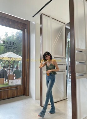 国现Ther马蹄裤女高腰小个子黑色牛仔马蹄微喇叭2023新款白鹿同款