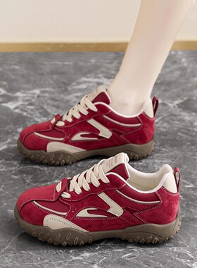 内增高红色德训鞋女2025新款秋季爆款休闲运动轻便复古百搭老爹鞋
