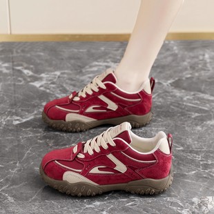 内增高红色德训鞋女2025新款秋季爆款休闲运动轻便复古百搭老爹鞋