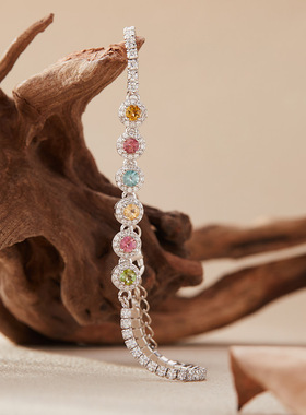 天然碧玺彩宝手链女S925纯银糖果色宝石手饰手镯直播爆款工厂批发