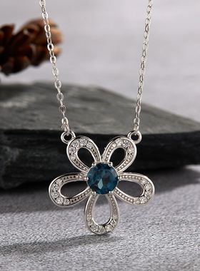 S925纯银天然托帕石彩宝项链女潮流设计时尚太阳花吊坠直播批发
