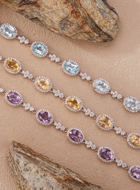 S925纯银彩宝首饰天然黄水晶紫水晶托帕石手链女跨境直播爆款批发