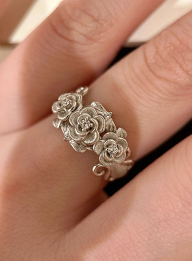 S925银中古世纪法式轻奢风拉丝玫瑰镶嵌锆石立体高级戒指女