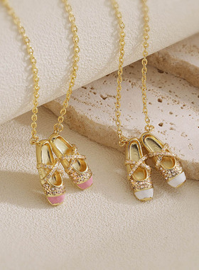 甜美轻奢彩色滴油芭蕾舞鞋吊坠项链小众设计高级感叠戴锁骨链批发