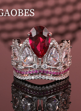 欧美跨境925纯银皇冠水滴戒指红色宝石满钻指环轻奢贵妇高档珠宝