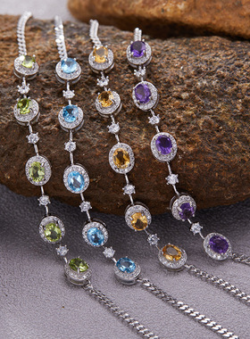 热卖Temu跨境饰品爆款S925纯银天然石榴托帕透辉石彩宝手链女