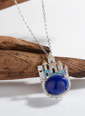 个性爆款城堡彩宝吊坠s925纯银镶嵌天然青金石宝石项链女饰品批发