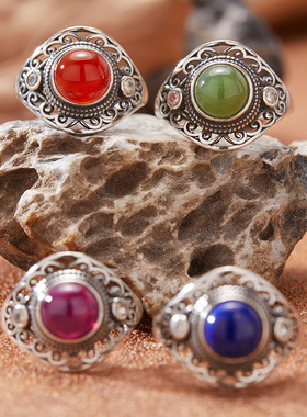 个性复古泰银彩宝戒指女S925纯银天然碧玉青金红刚玉托帕石食指戒