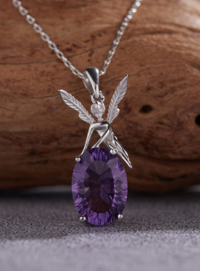 s925纯银镶嵌天然彩宝紫水晶吊坠天使项链女欧美跨境抖音直播爆款