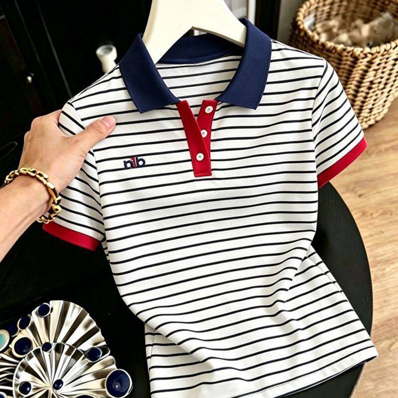 纯棉条纹大码显瘦女POLO衫夏款