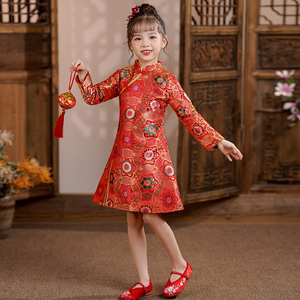 女童旗袍中国风冬季儿童过年唐装拜年服红色宝宝新年龙年2023新款