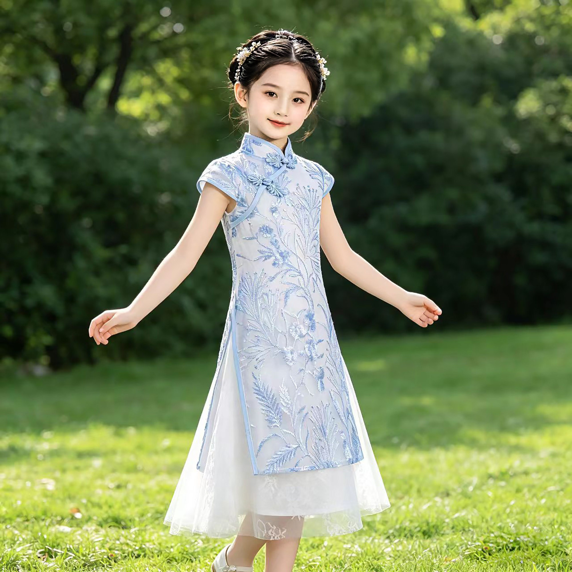 女童新中式改良旗袍礼服儿童蓝色唐装连衣裙女孩中国风演出服夏季