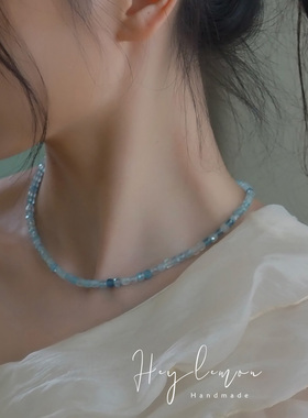 夏日森系 手工设计感天然海蓝宝方糖项链925纯银锁骨链清新温柔风
