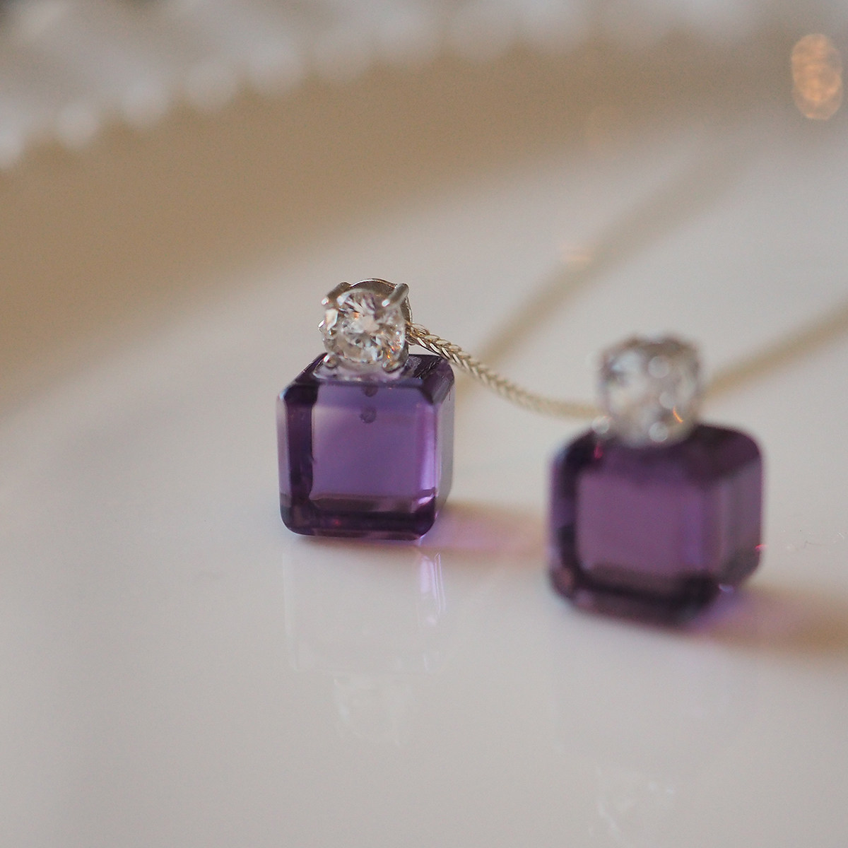浪漫香气 2月生辰石手工切割天然紫水晶香水瓶造型吊坠项链纯银