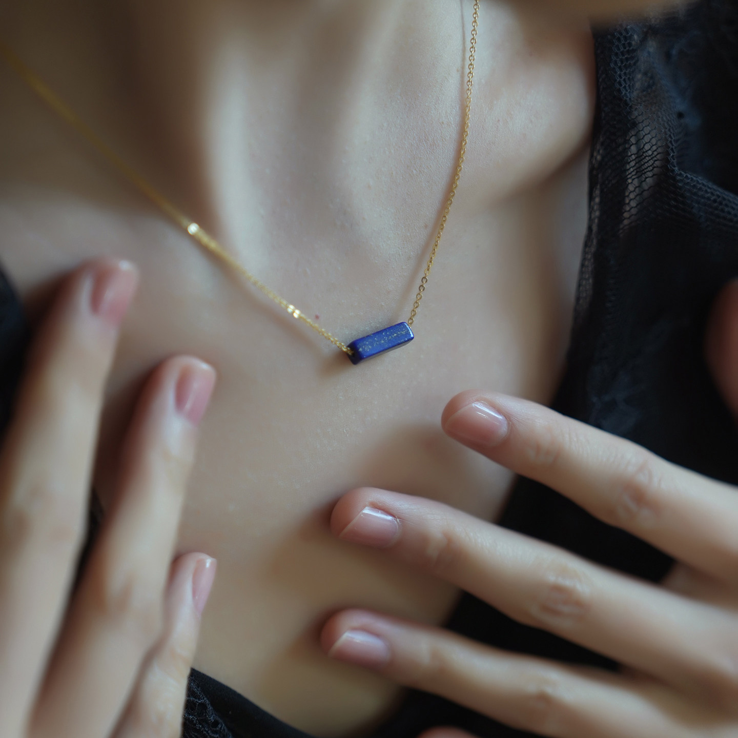 深蓝静谧 手工小众设计款天然青金石转运珠极简项链锁骨链14k包金