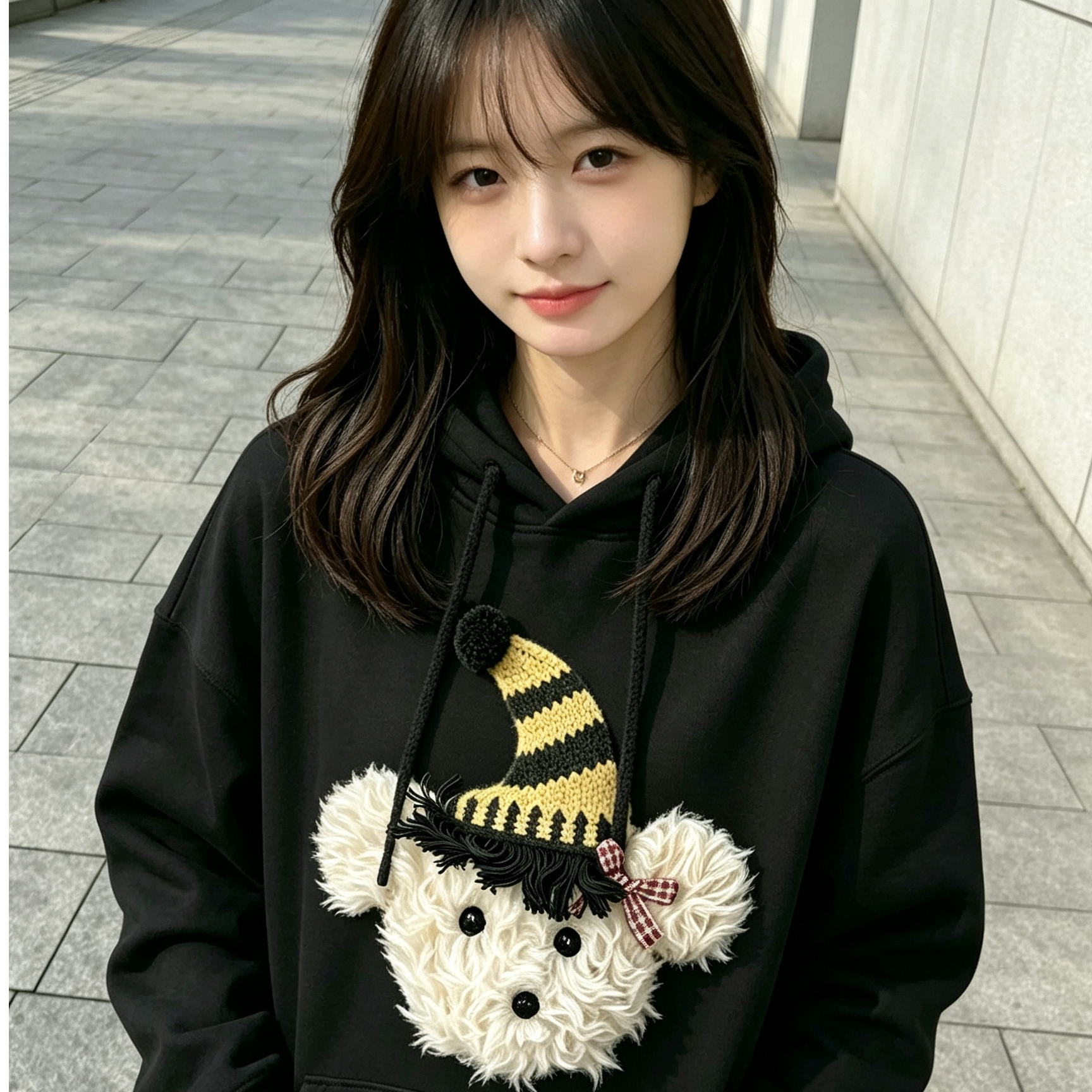 FOXXDAY【帽子小熊】毛巾绣连帽卫衣女宽松落肩百搭套头上衣休闲