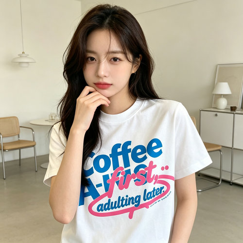 FOXXDAY 韩系coffee字母印花T恤圆领显瘦短袖纯棉百搭学生通勤上
