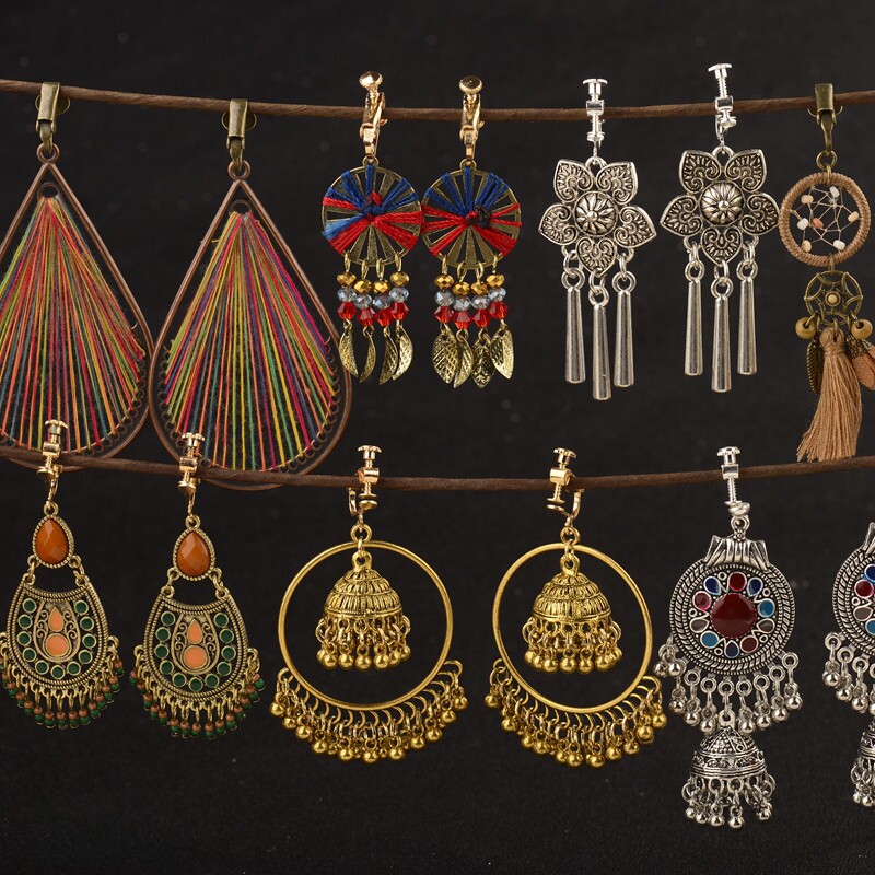 波西米亚民族风饰品复古铃铛高级感夸张长款耳环无耳洞耳夹耳饰女