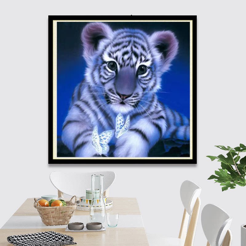 简约5d动物带框钻石画满钻十字绣点贴钻石绣客厅老虎图案蓝色魅影