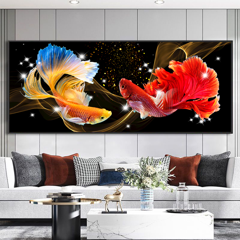 客厅大幅钻石画双锦鲤鱼满钻石绣5D点贴钻十字绣现代水晶2023招财